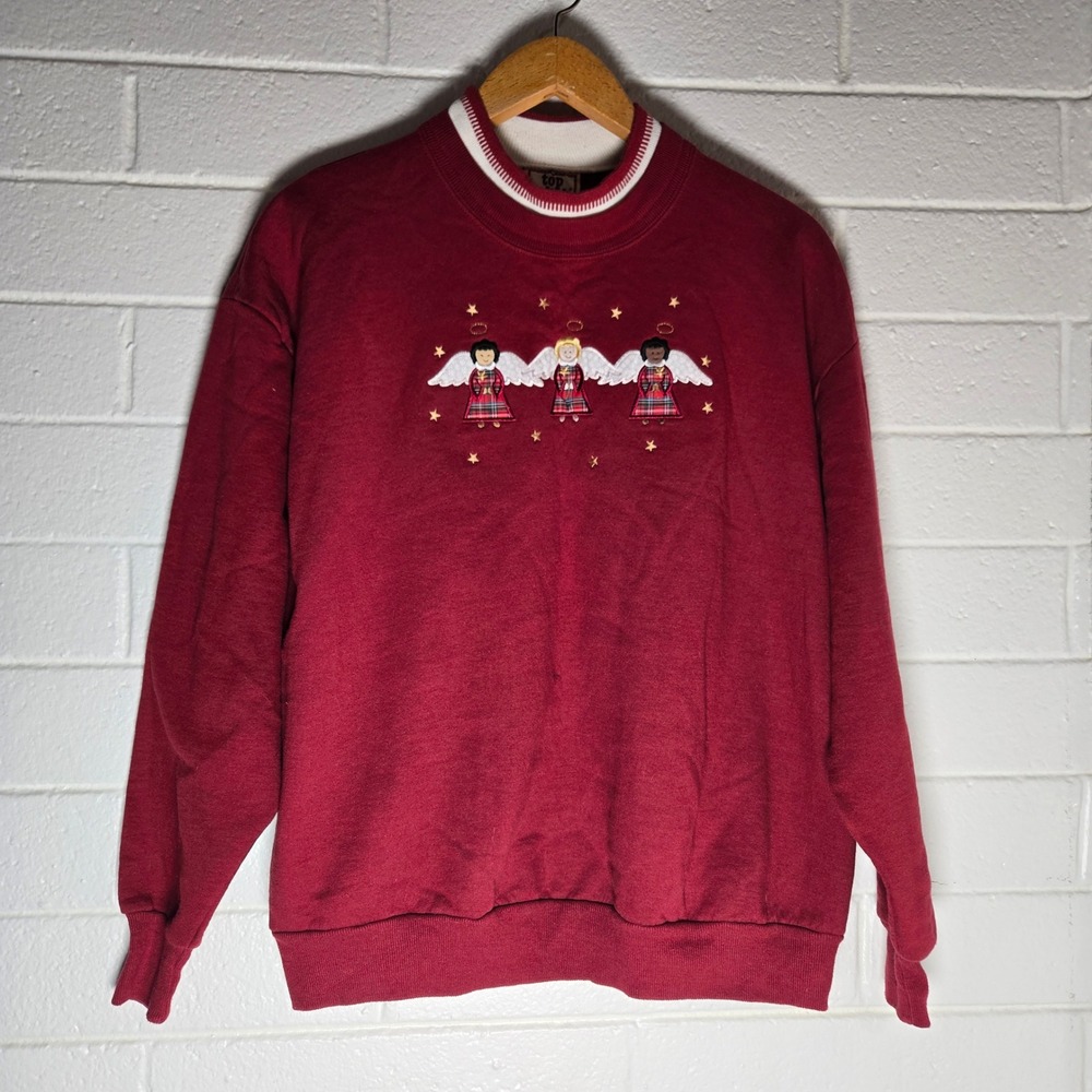 Vtg Top Stitch Womens Sweatshirt Christmas Angel Plaid Embroidered 90s Novelty L